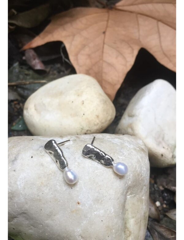 Trapez İncili Gümüş Küpe